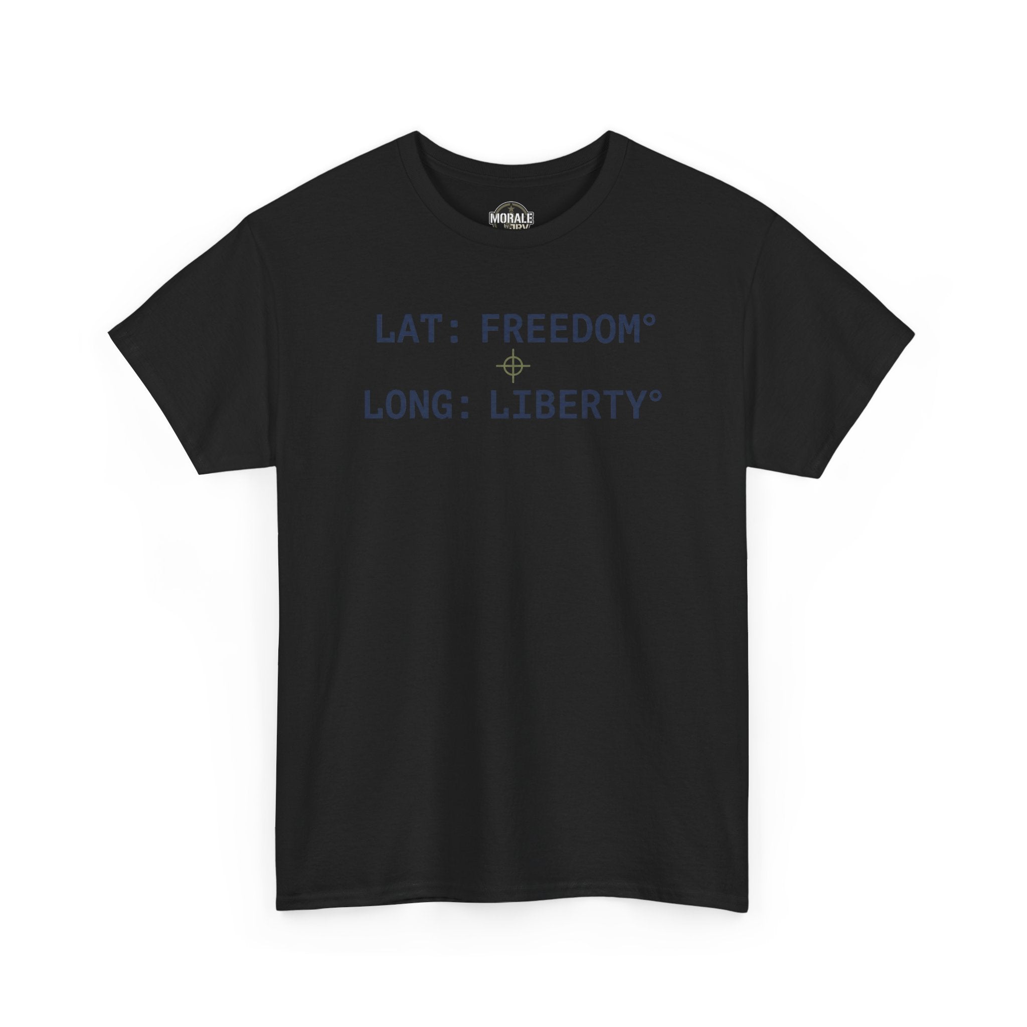 Black crew neck T-shirt with blue and green GPS-style coordinate text on front.