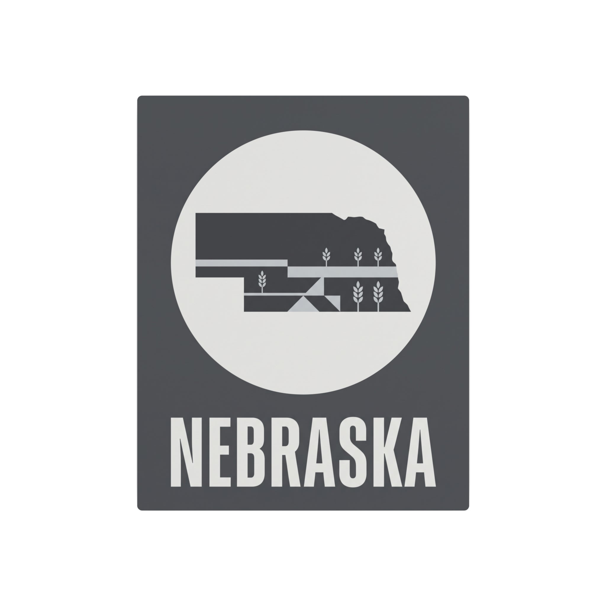 Nebraska metal art sign with dark square frame, centered circular wheat graphic, and NEBRASKA