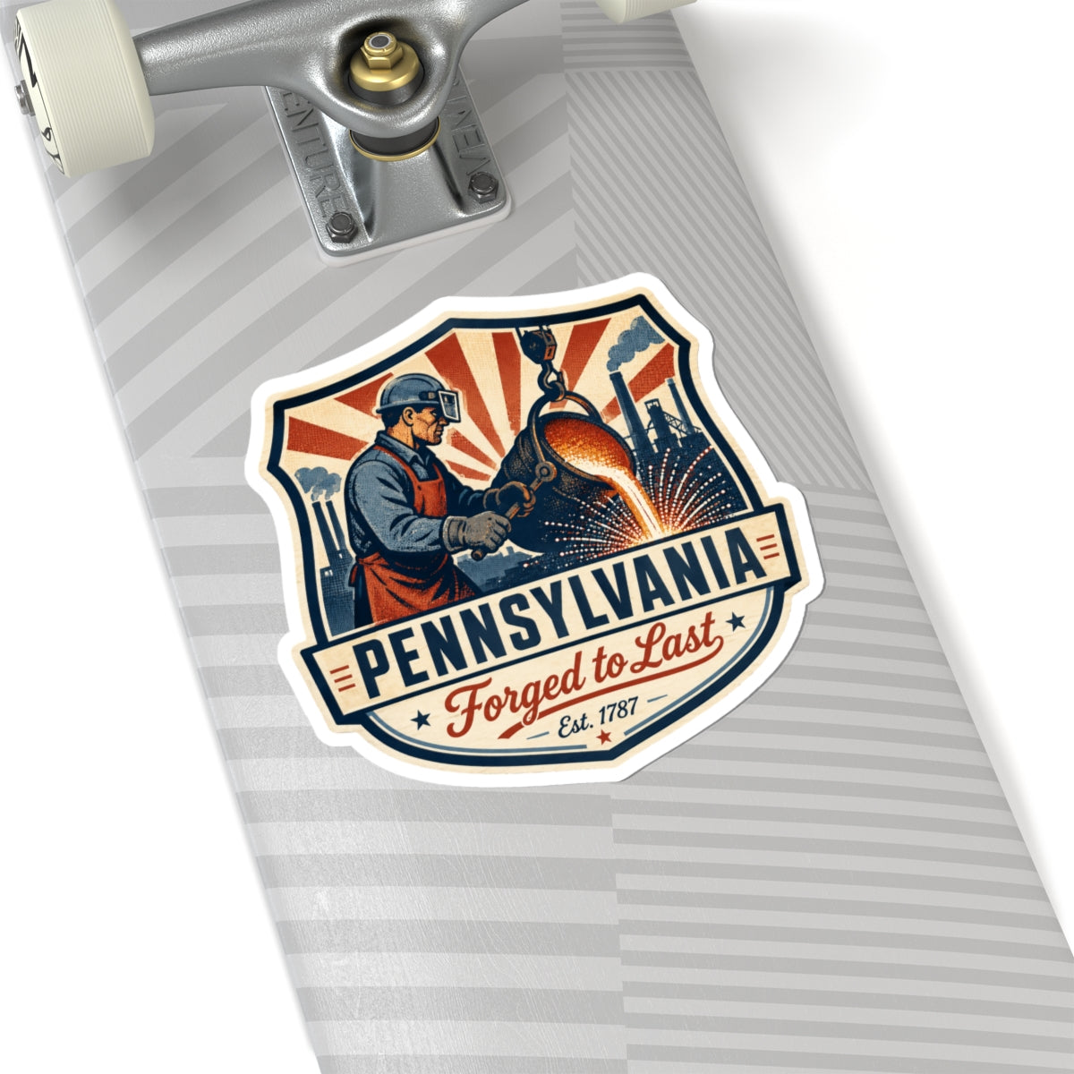 Shield emblem sticker with worker and anvil, Pennsylvania 'Forged to Last' Est. 1787
