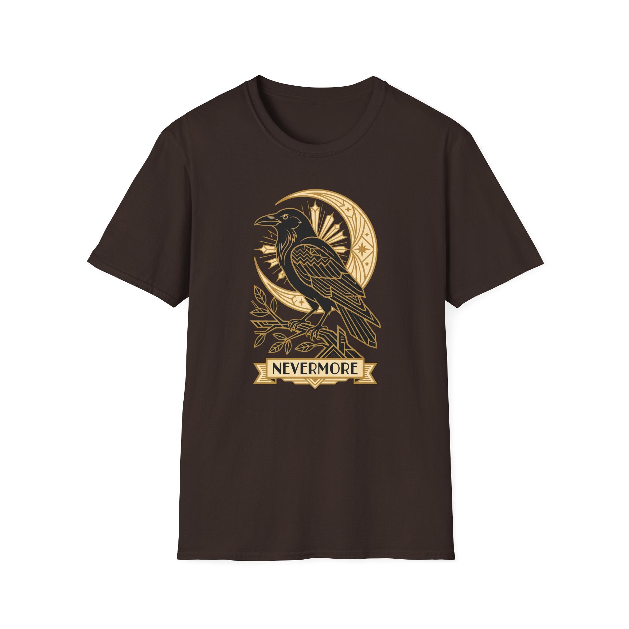 Dark brown graphic T-shirt front with raven and gold Nevermore banner