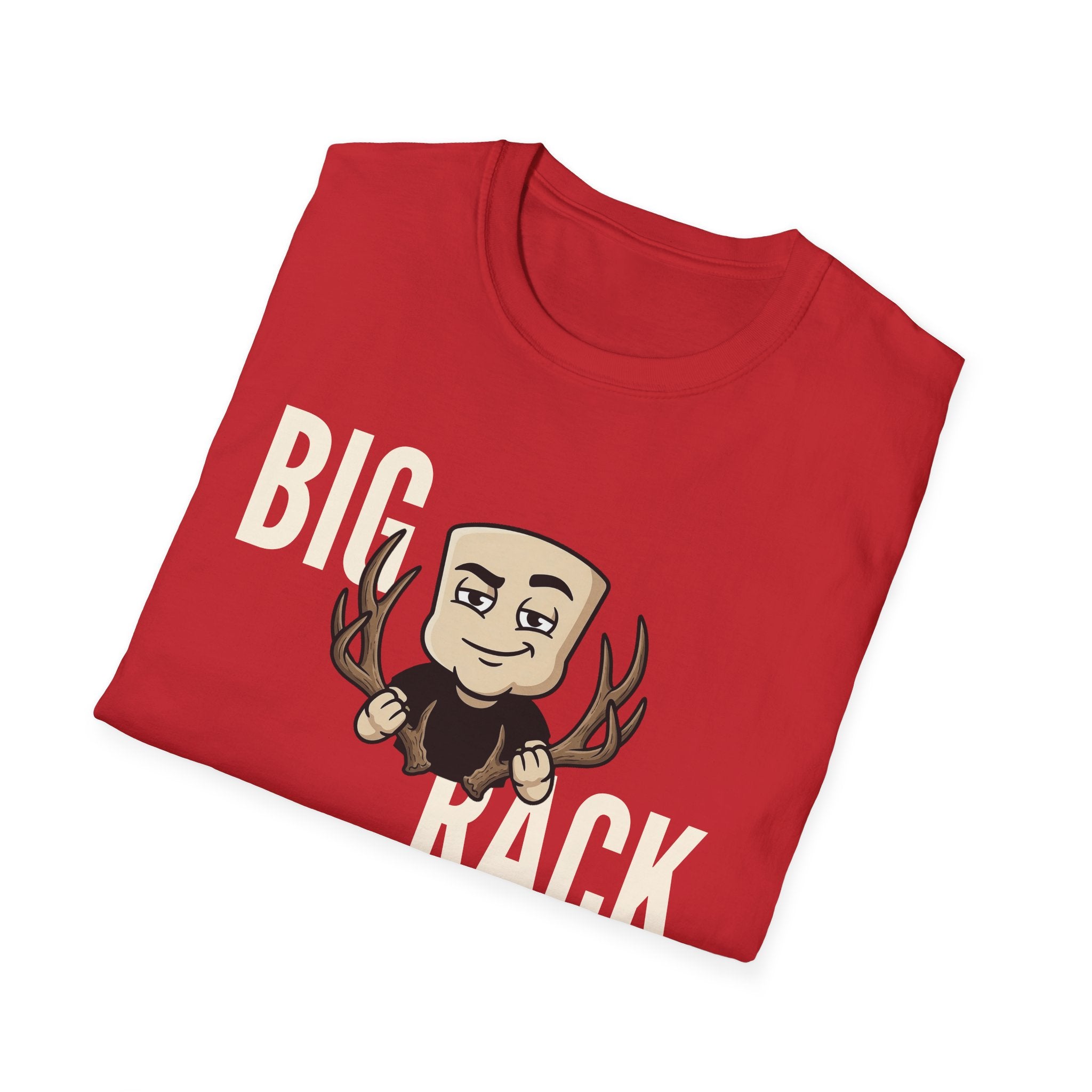 Red T-shirt with “BIG RACK” graphic and cartoon hunter with antlers