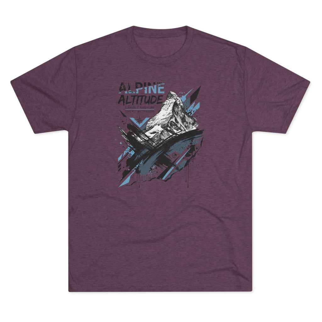 Purple T-shirt with mountain peak graphic and blue accent paint splashes