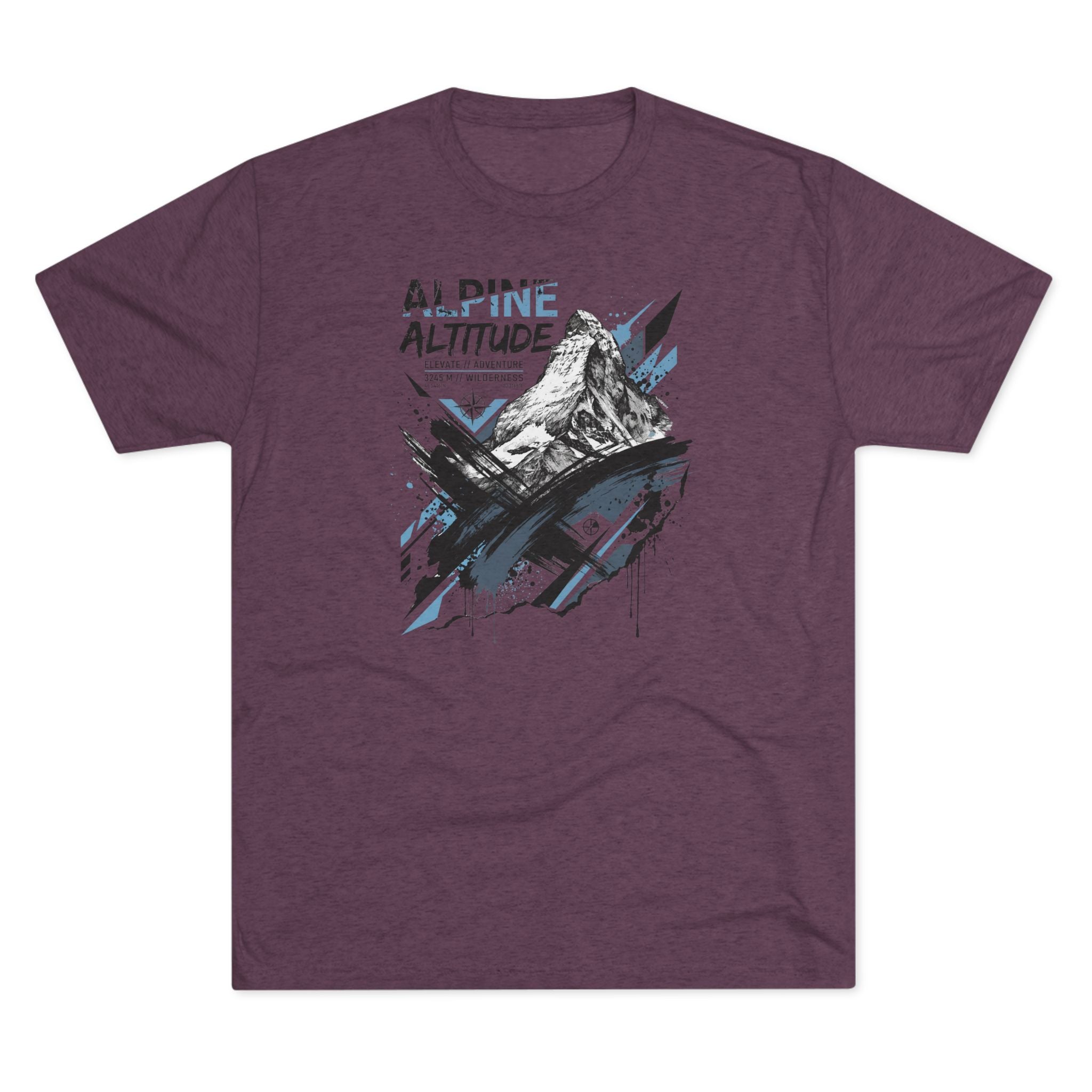 Purple T-shirt with mountain peak graphic and blue accent paint splashes