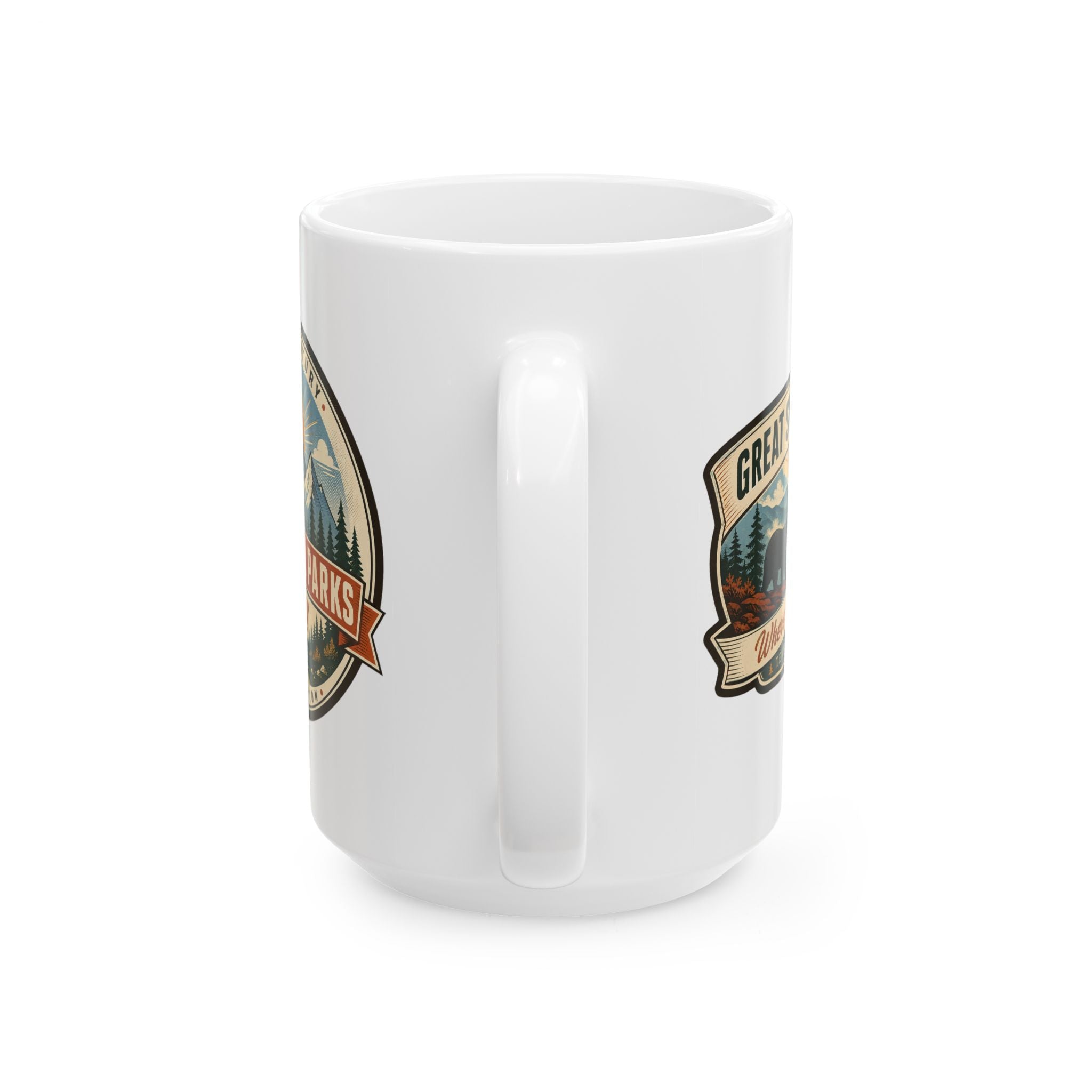 White ceramic travel mug, partial side badges with mountain artwork