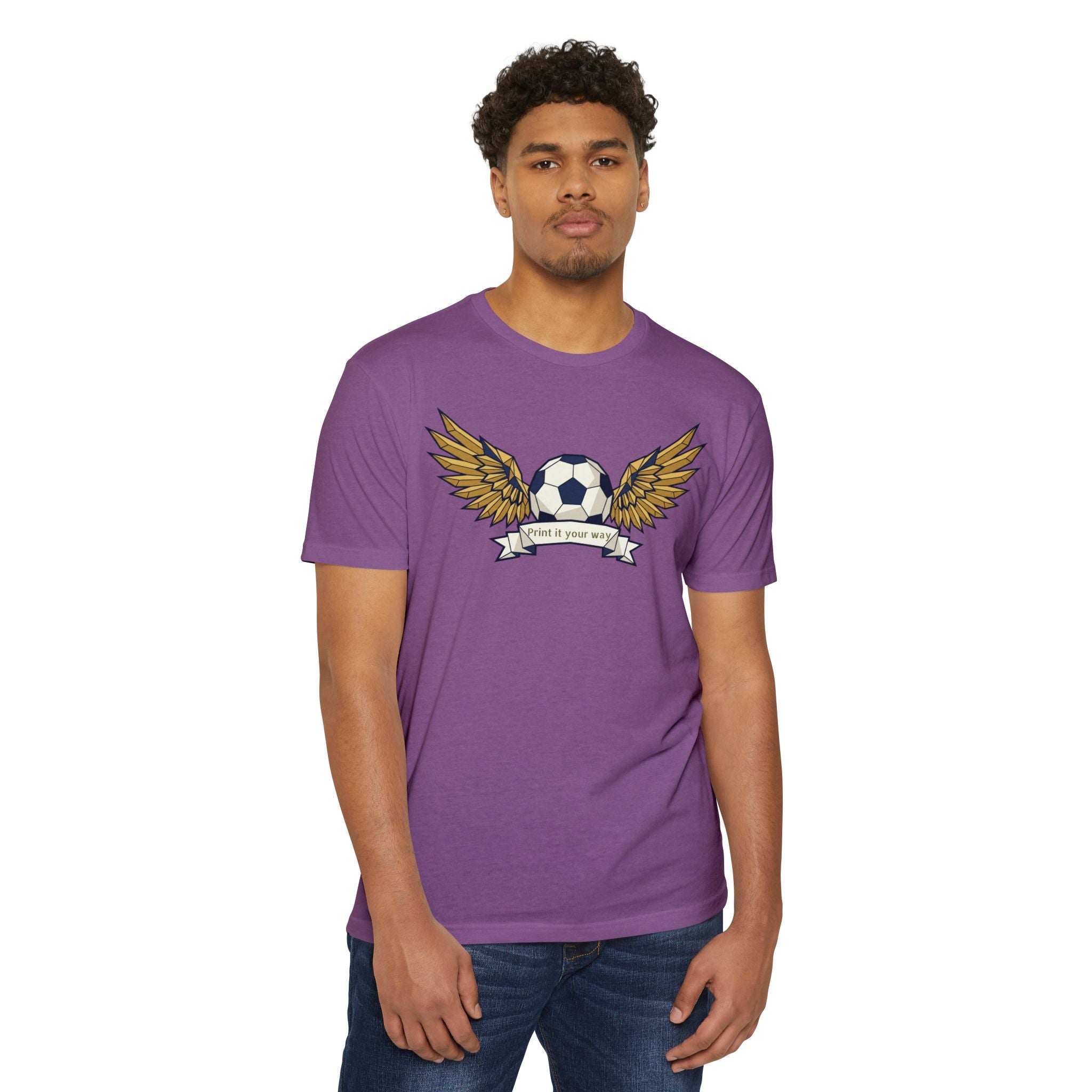 Unisex soccer T-shirt, purple with winged soccer ball graphic on front