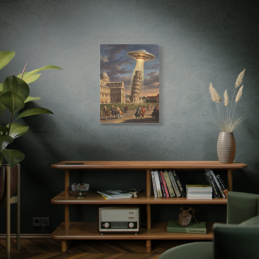 Square canvas wall art depicting a glowing UFO over the Leaning Tower with a street scene