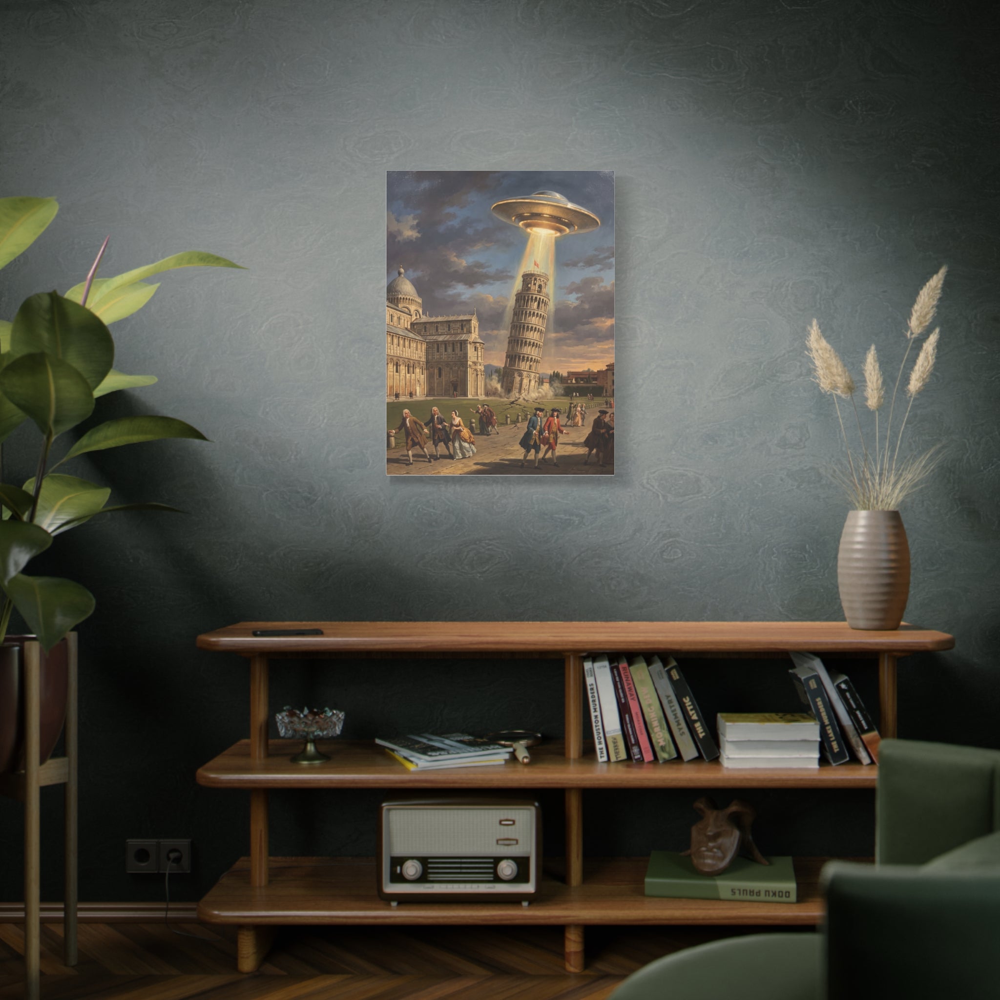 Square canvas wall art depicting a glowing UFO over the Leaning Tower with a street scene