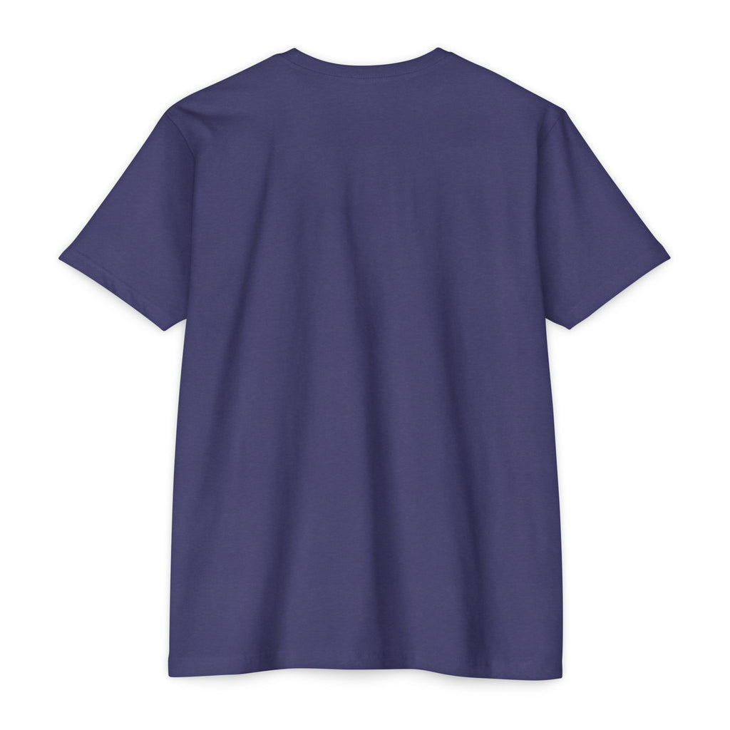 Purple crewneck t-shirt with short sleeves, plain front.