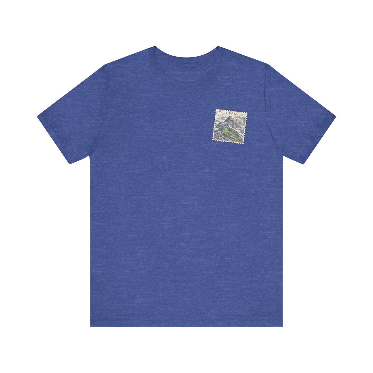 Heather true royal T-shirt with small square chest patch featuring a landscape illustration