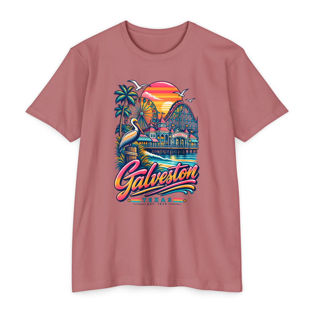 Dusty rose crewneck T-shirt with colorful beach sunset skyline and bird graphic