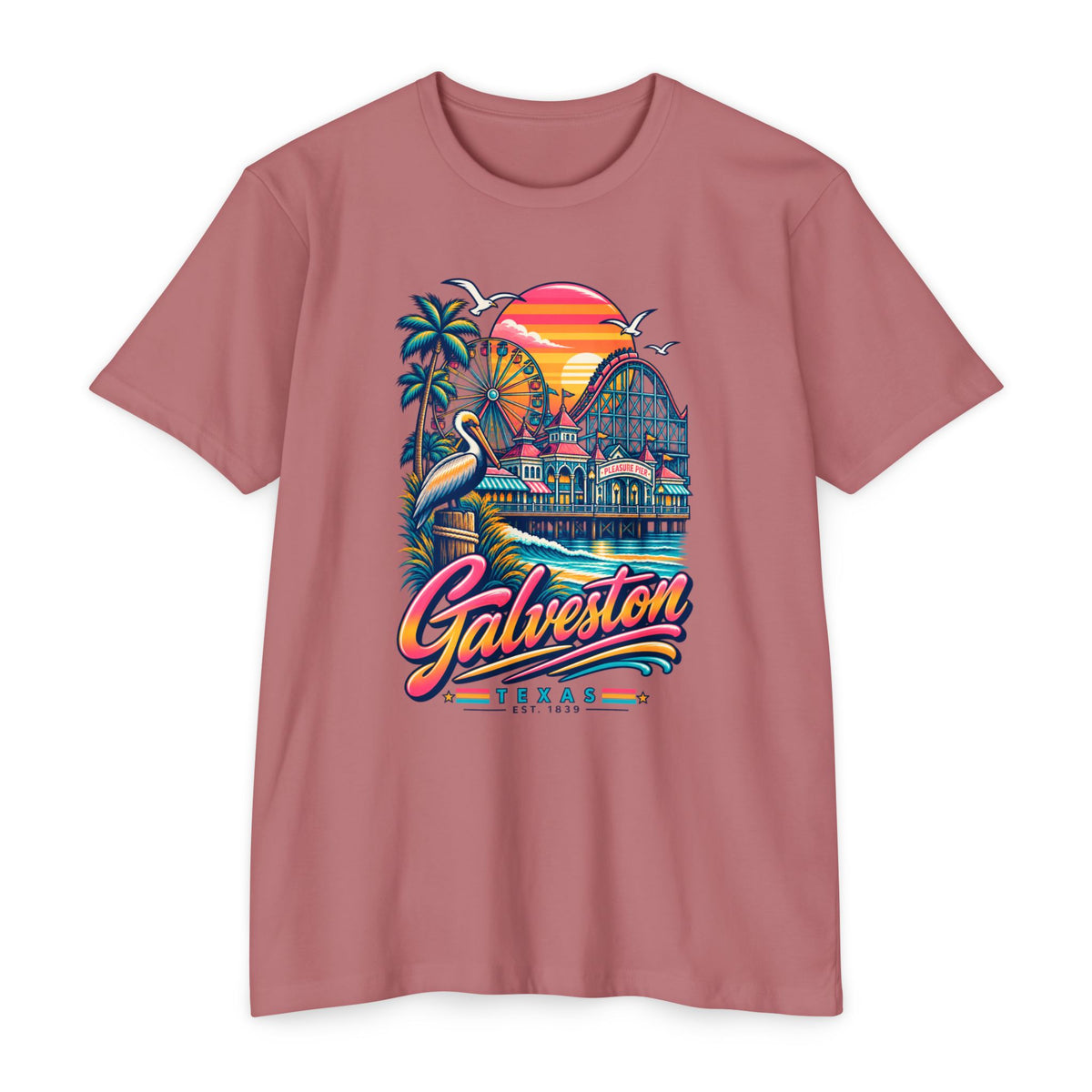 Dusty rose crewneck T-shirt with colorful beach sunset skyline and bird graphic