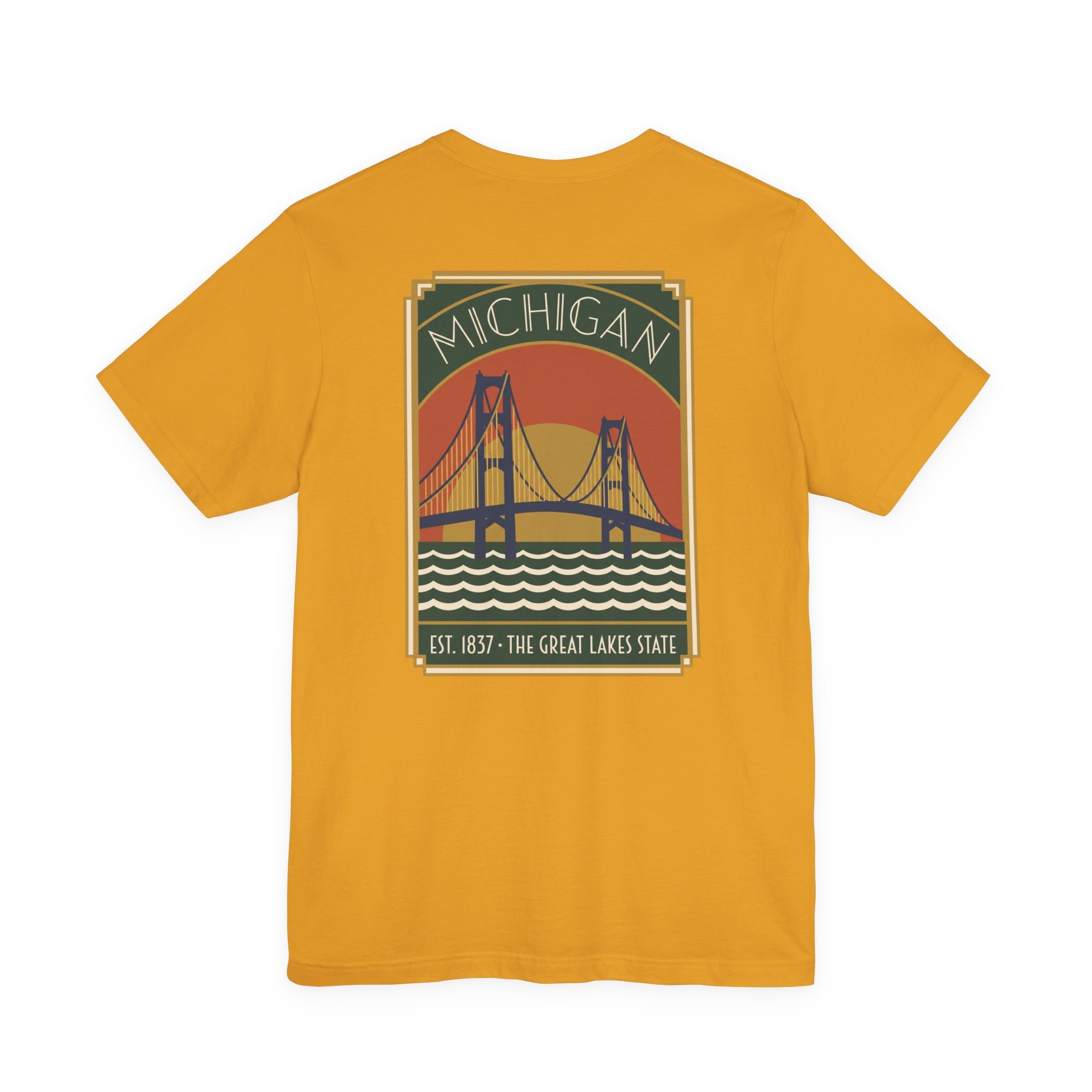 Mustard yellow T-shirt with Michigan bridge art deco graphic and Est. 1837 print
