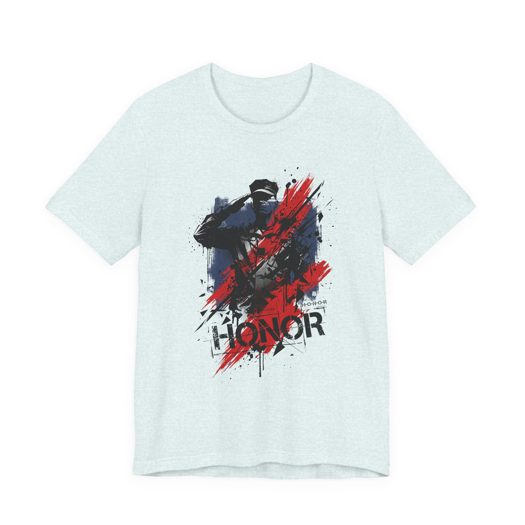 Powder blue t-shirt with 'HONOR' soldier graphic in red, white, and blue