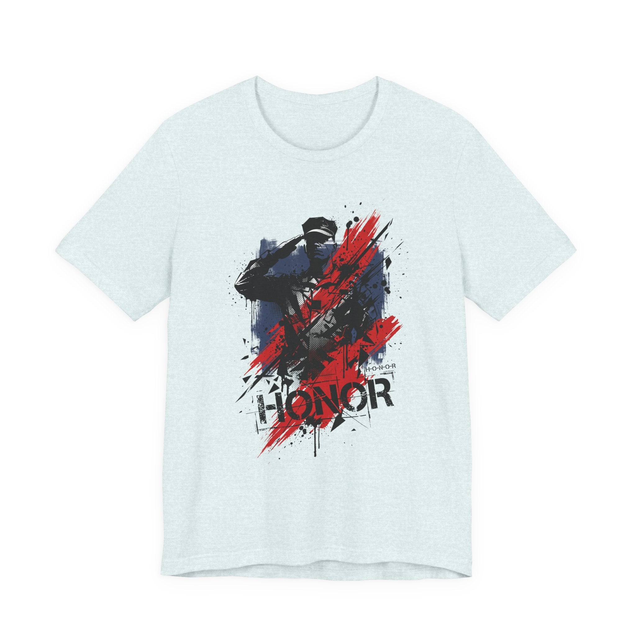 Powder blue t-shirt with 'HONOR' soldier graphic in red, white, and blue