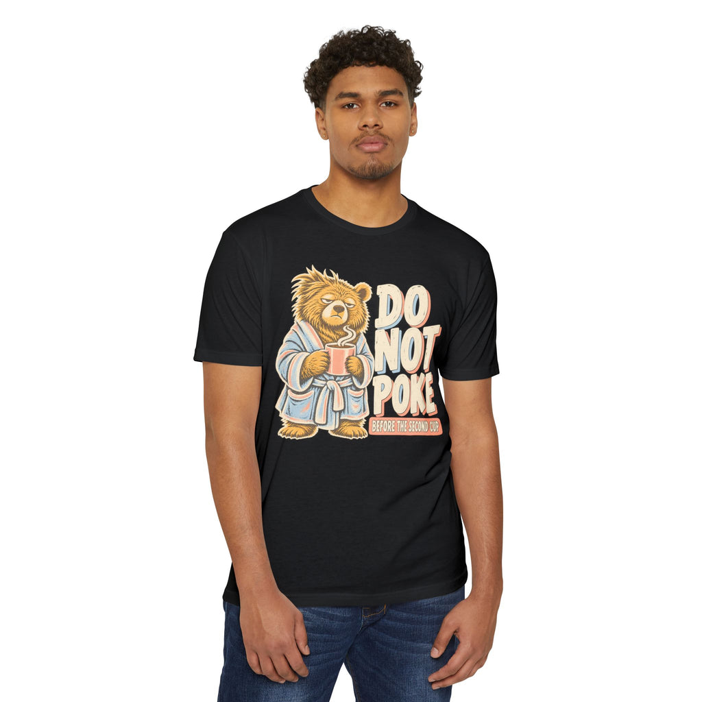 Black graphic T-shirt with grumpy bear holding a cup and 'DO NOT POKE' text