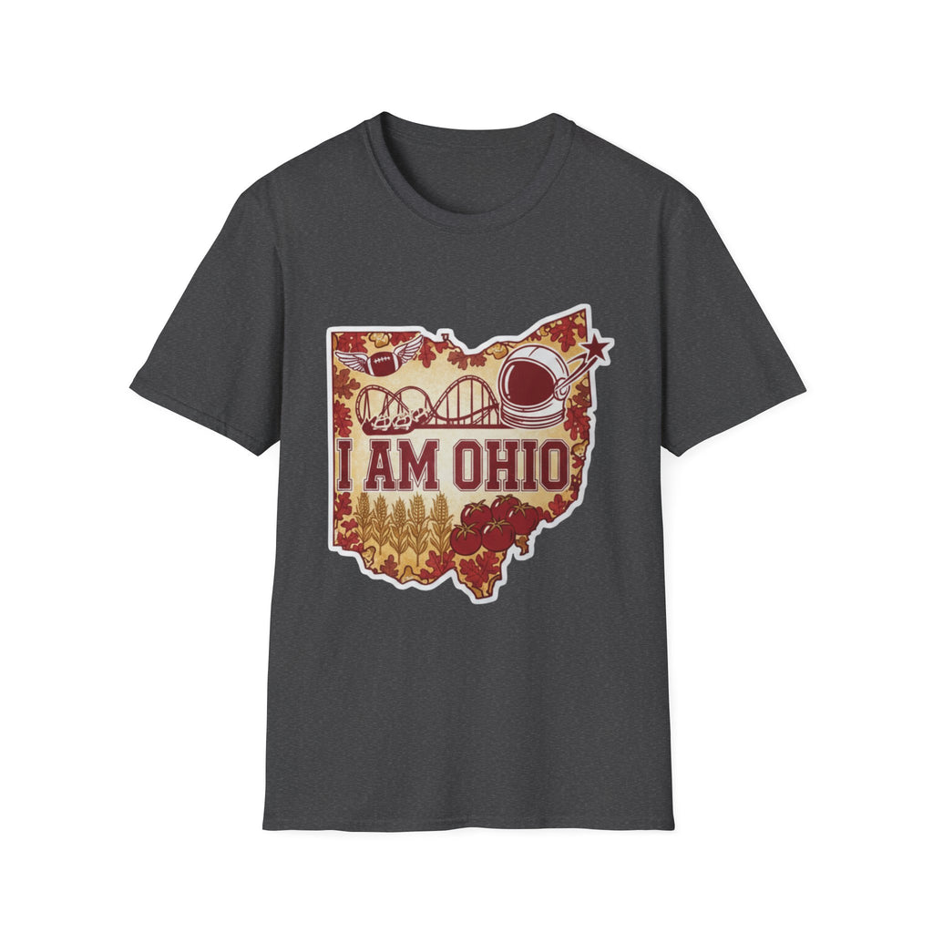 I Am Ohio T-Shirt, dunkelgraues Shirt mit „I AM OHIO“ Karten-Outline und rotem Schriftzug