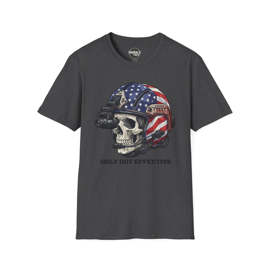 American Flag skull tactical helmet graphic T-shirt, charcoal crew neck