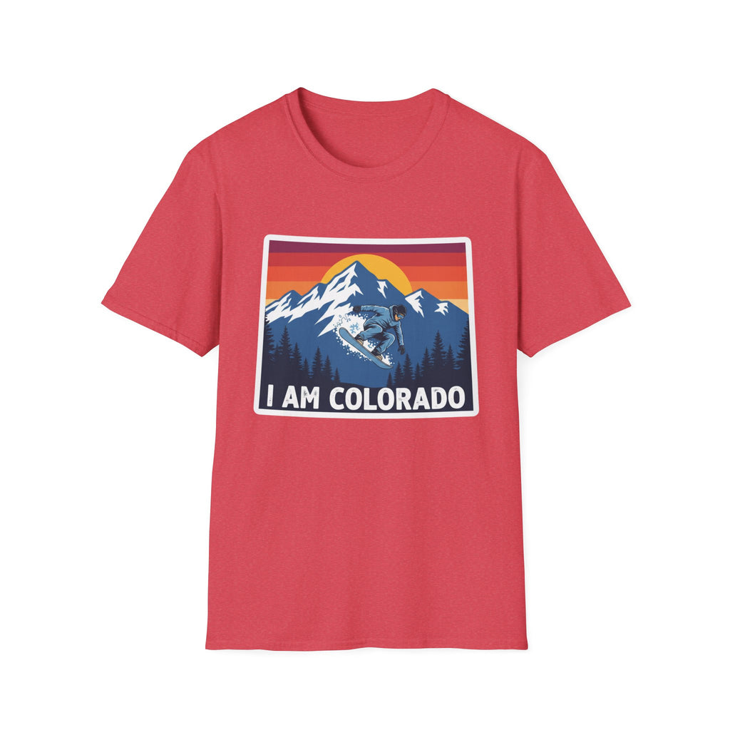 Colorado graphic T-shirt, red; 'I AM COLORADO' mountain and bear front print