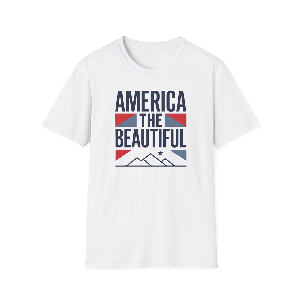 White T-shirt front with “America the Beautiful” patriotic graphic