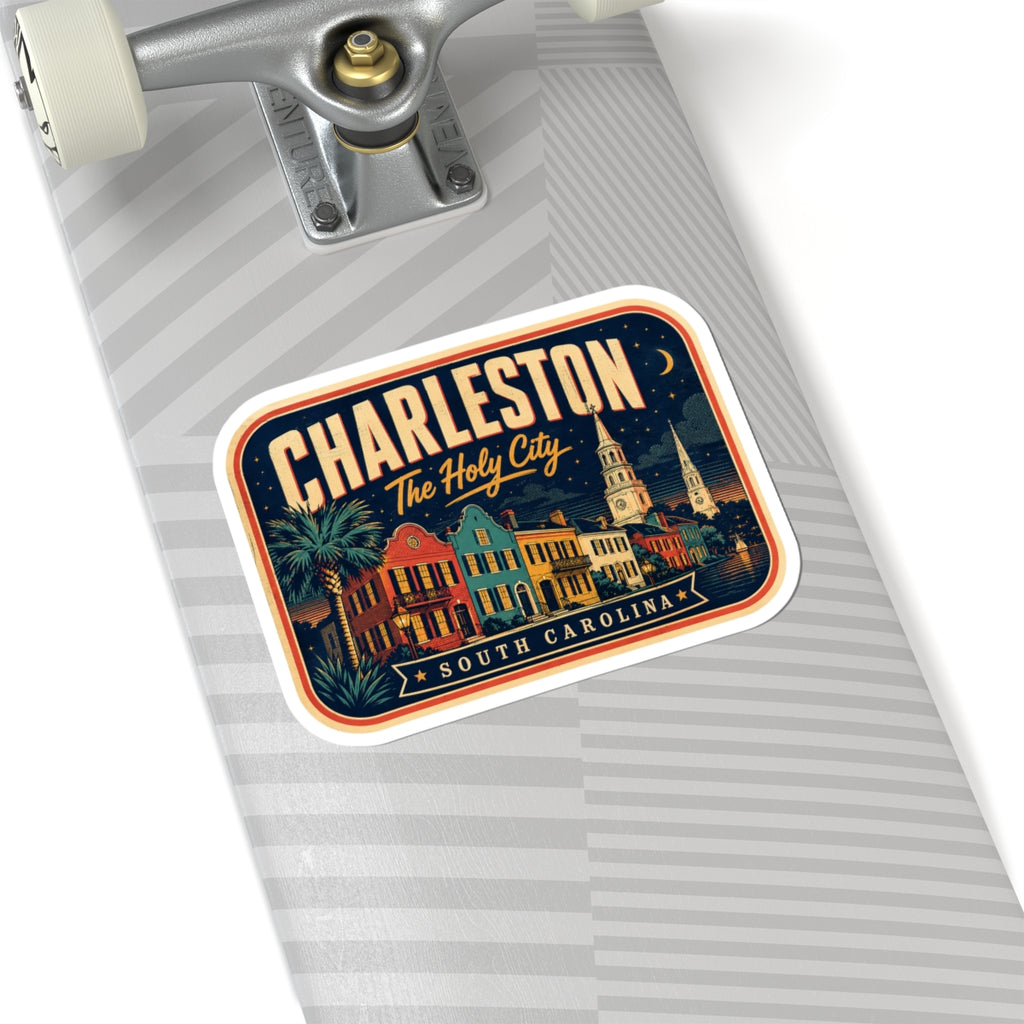 Luggage tag sticker on suitcase, rounded rectangle Charleston 'The Holy City' with night skyline