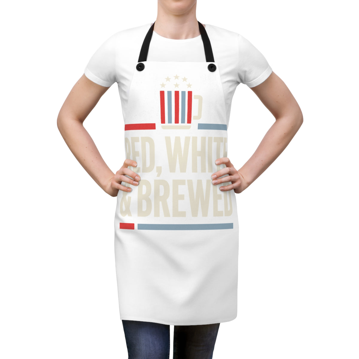 White apron with black neck and waist ties, patriotic beer mug and "Red, White & Brewed" print