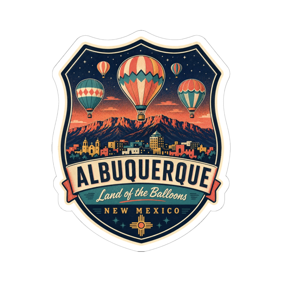 Luggage tag sticker showing Albuquerque badge with hot air balloons over a town skyline