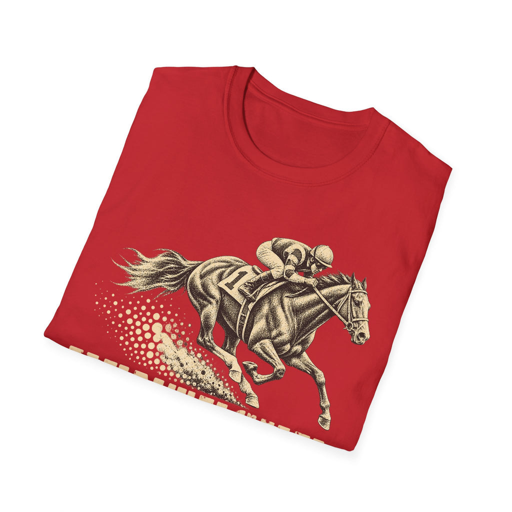 Red crewneck t-shirt with jockey riding racehorse graphic on the front