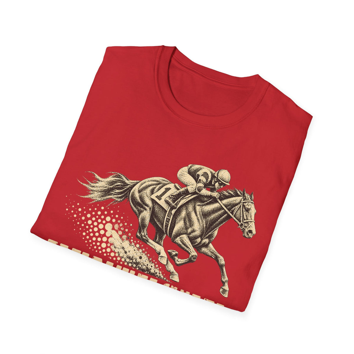 Red crewneck t-shirt with jockey riding racehorse graphic on the front
