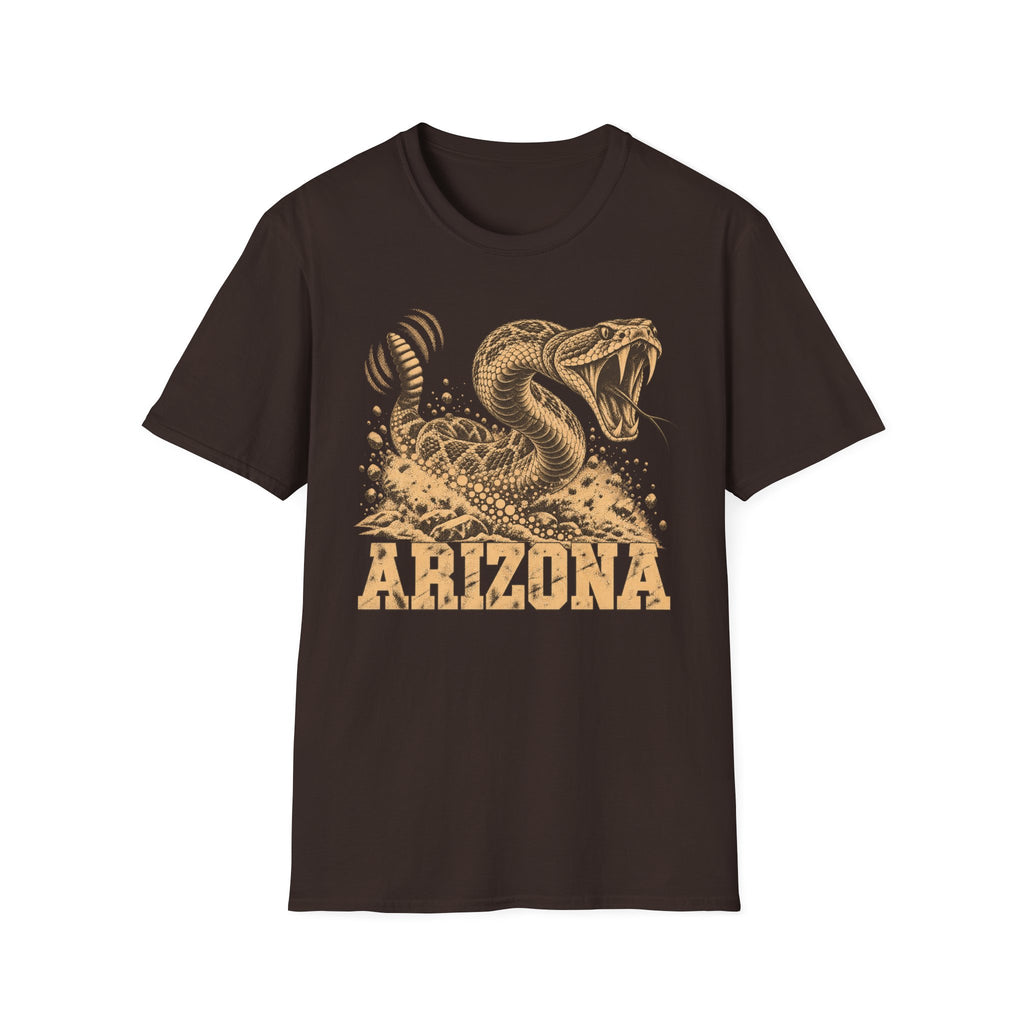 Men's dark brown graphic T-shirt with coiled rattlesnake and 'ARIZONA' front print