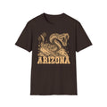 Men's dark brown graphic T-shirt with coiled rattlesnake and 'ARIZONA' front print