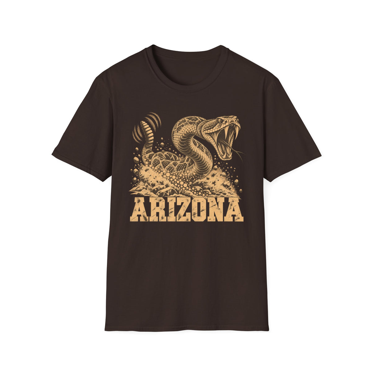 Men's dark brown graphic T-shirt with coiled rattlesnake and 'ARIZONA' front print