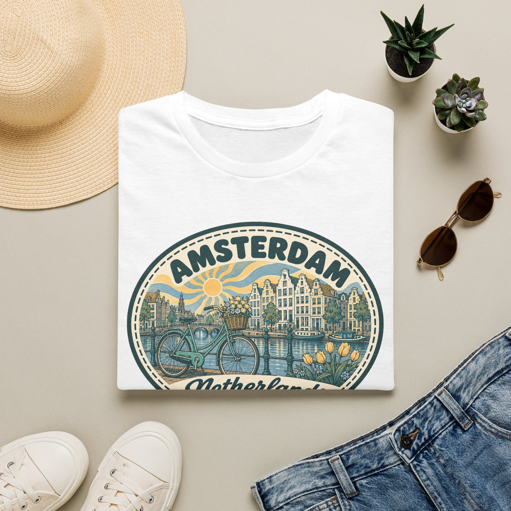 Amsterdam Vintage Cityscape T-Shirt | Netherlands Bicycle Canal Tulips