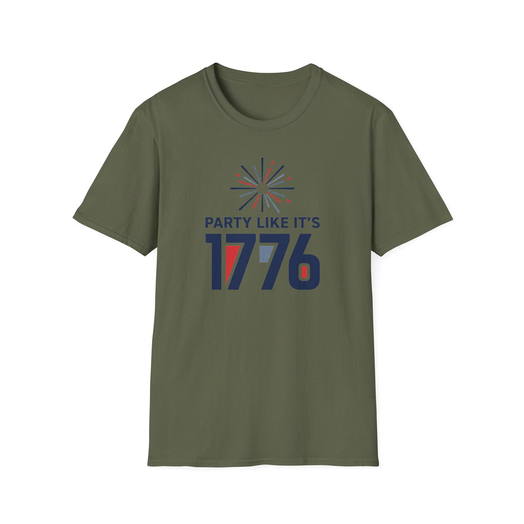 Olive green crewneck T-shirt with centered '1776' fireworks graphic