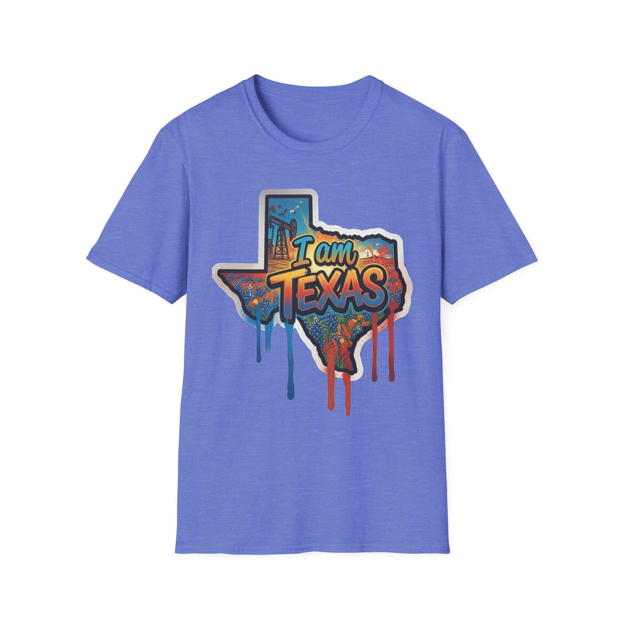 I Am Texas T-shirt (royal blue) with graffiti state outline and skyline “I am Texas” print