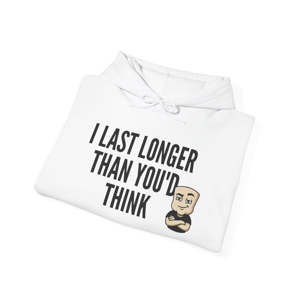 White hoodie, folded, with bearded cartoon and “I Last Longer Than You’d Think” graphic