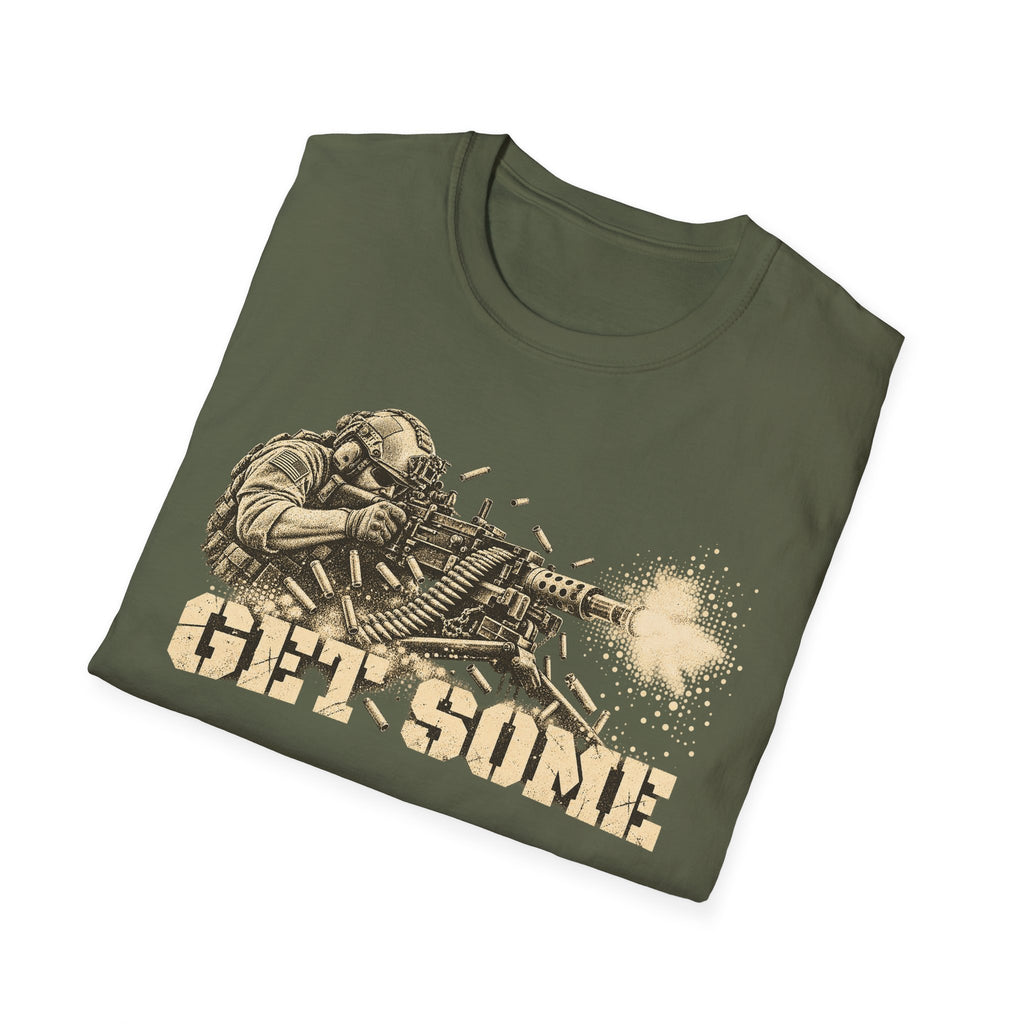 Olive green T-shirt with vintage gunner graphic and “GET SOME” text