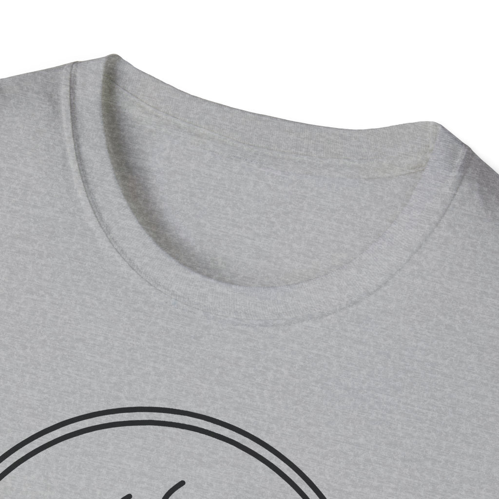Heather grey crew-neck T-shirt with partial coffee mug line-art graphic