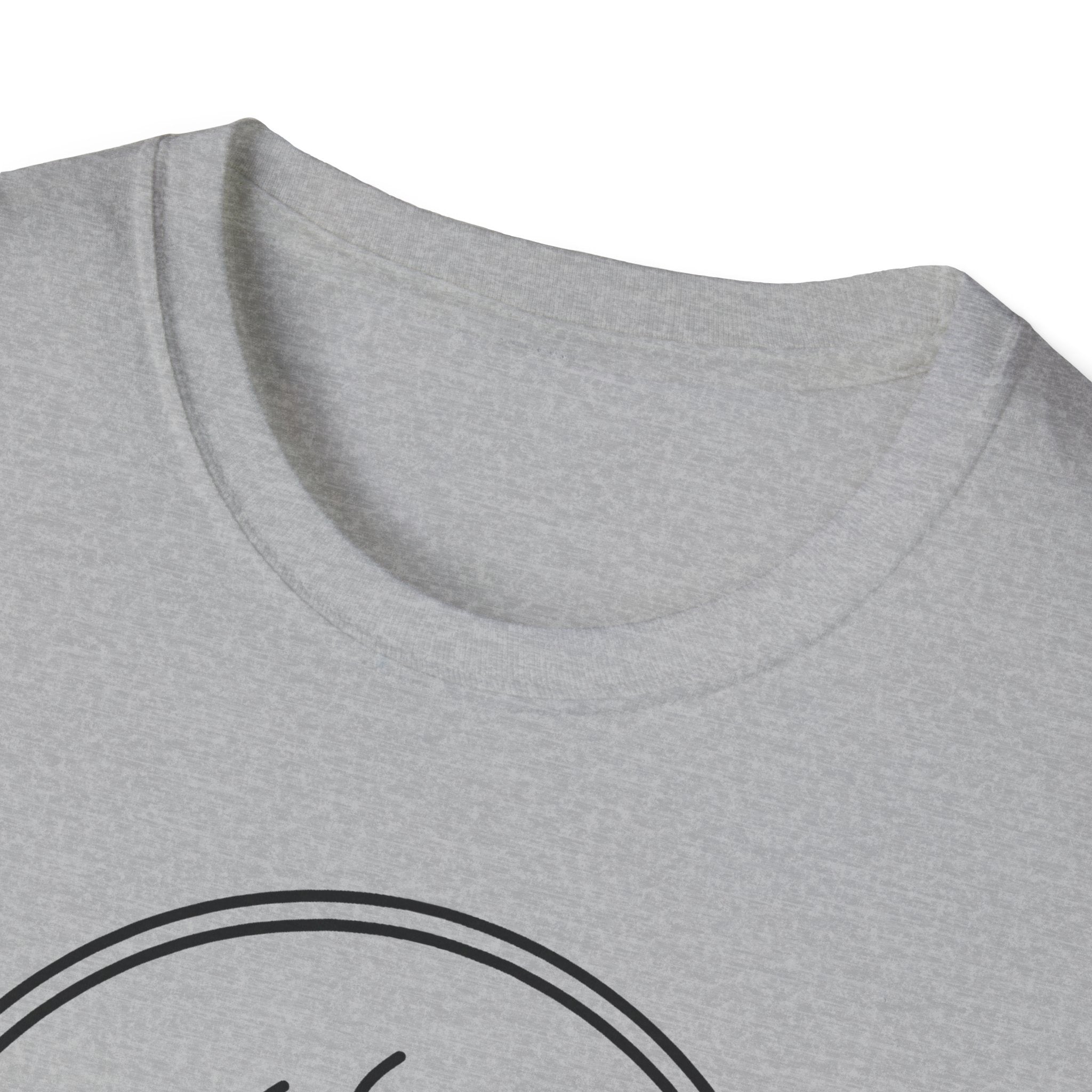 Heather grey crew-neck T-shirt with partial coffee mug line-art graphic