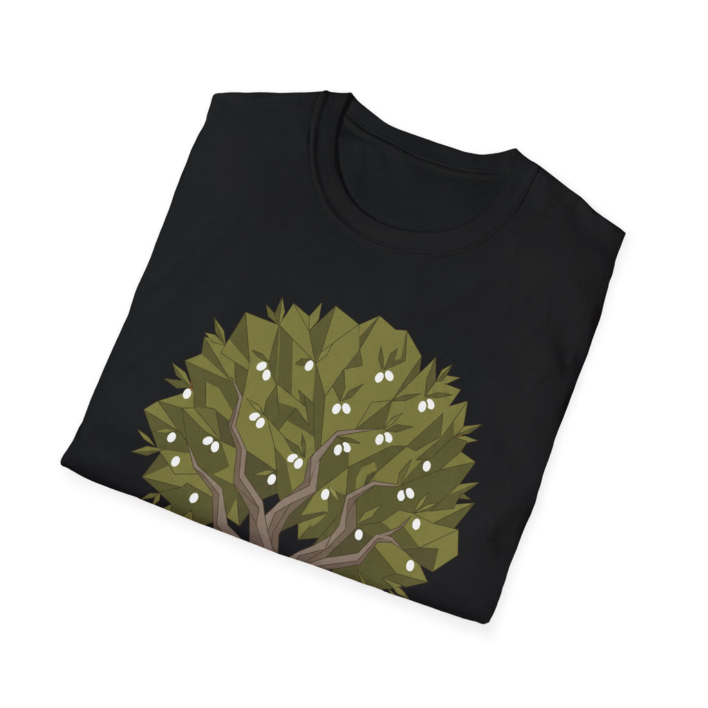 Black twisted olive tree T-shirt with green botanical graphic and white olives