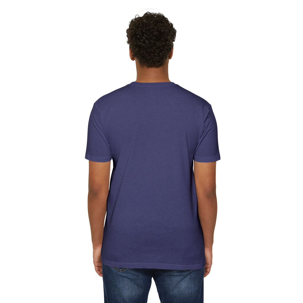 Dark blue T-shirt with crew neck and short sleeves, back view