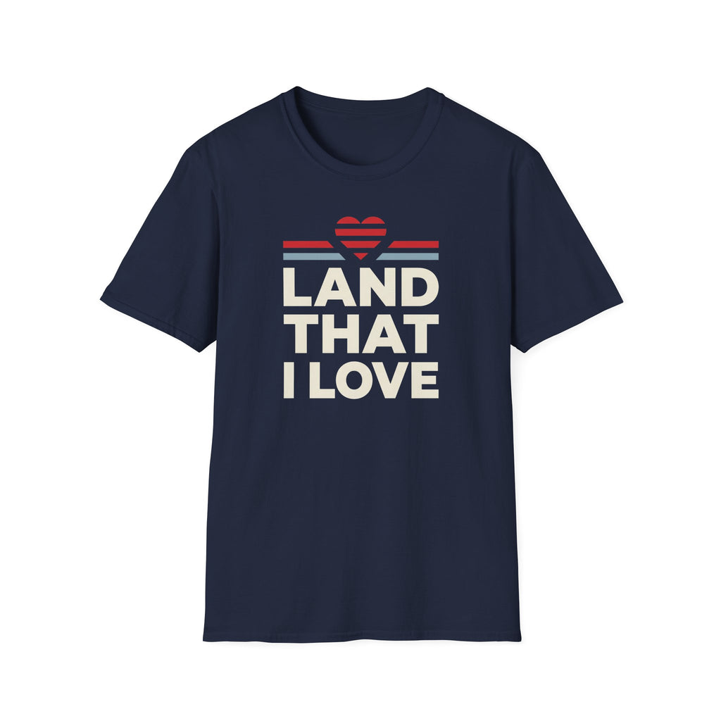 Navy graphic t-shirt with 'LAND THAT I LOVE' text, crewneck.