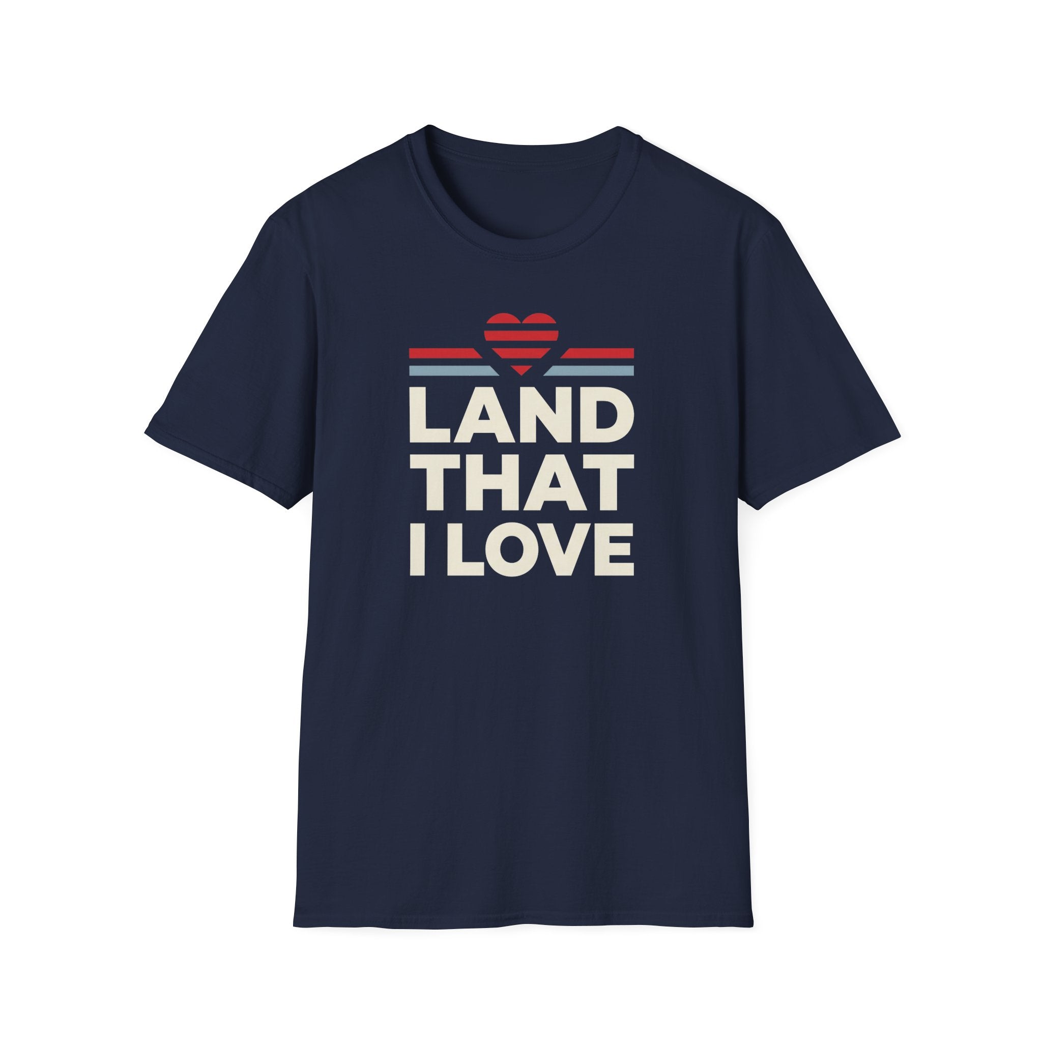 Navy graphic t-shirt with 'LAND THAT I LOVE' text, crewneck.