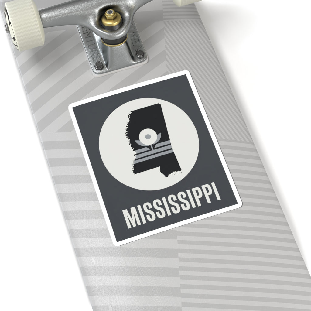 Mississippi silhouette sticker on light patterned surface, circular emblem and “MISSISSIPPI”