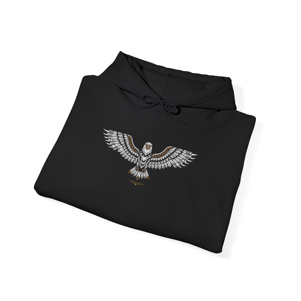 Black hoodie folded front view with rhinestone eagle chest graphic