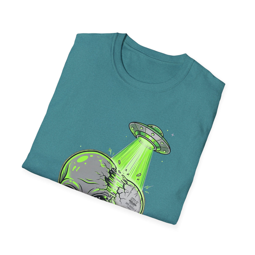 Teal T-shirt with green UFO tractor beam and alien skull graphic