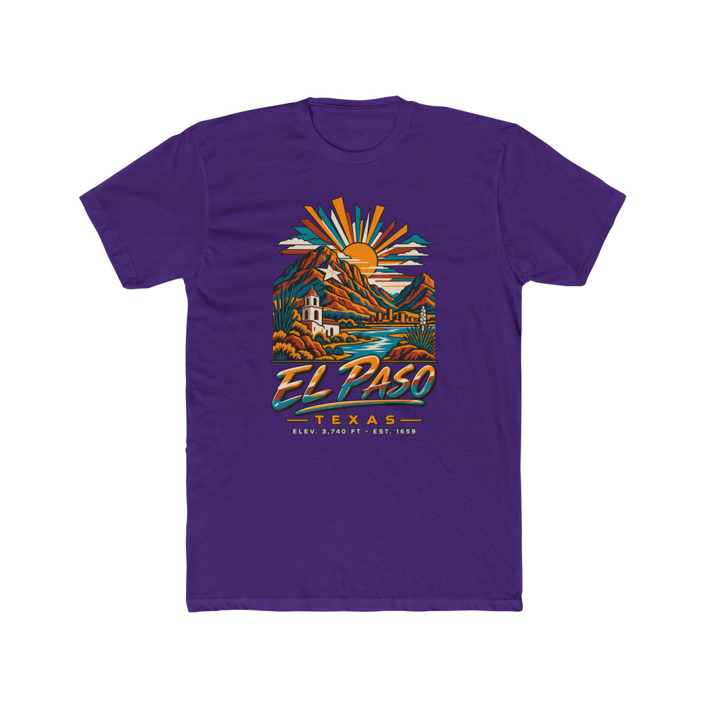 Purple El Paso Texas graphic T-shirt with desert mountains and rising sun artwork