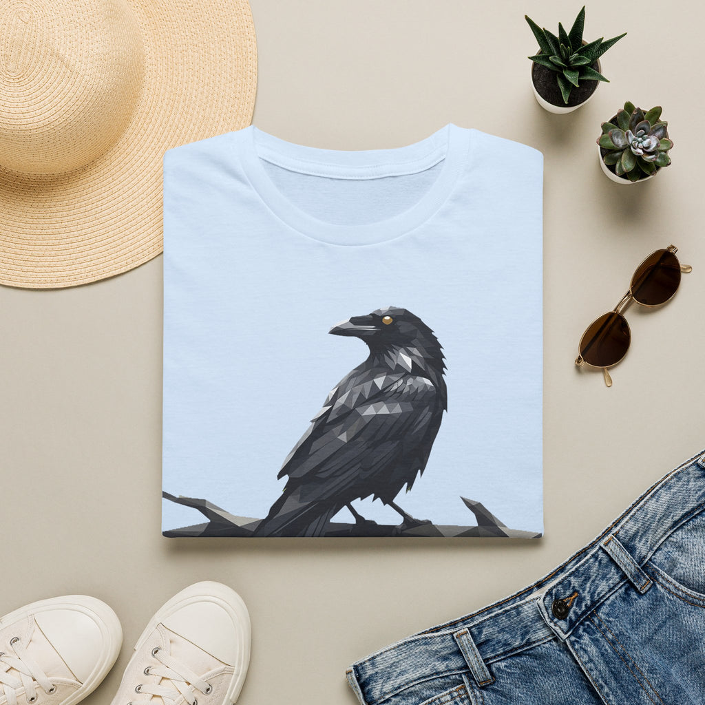 Light blue raven bird graphic T-shirt with crow perched design on front
