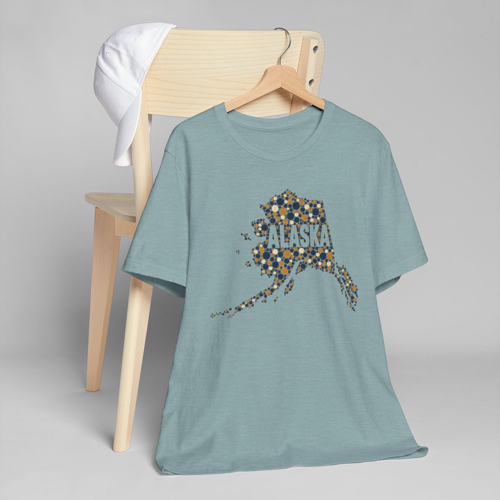 Alaska map graphic t-shirt, blue-gray, short-sleeve crew neck with dotted Alaska outline