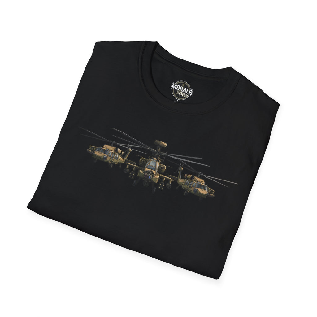 Black T-shirt with Apache helicopter formation graphic across chest