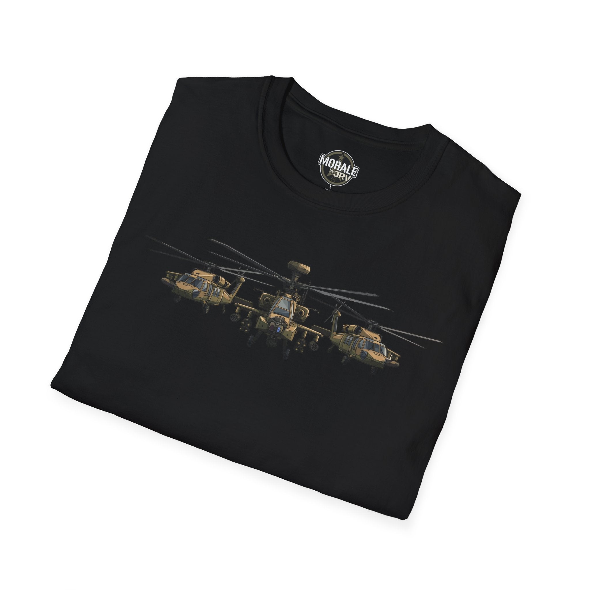Black T-shirt with Apache helicopter formation graphic across chest